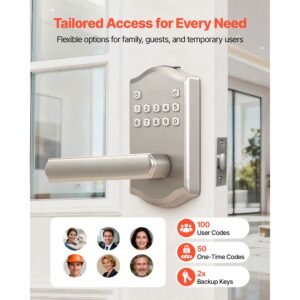 keyless entry door lock with handle, electronic lever door handle with keypad, customizable user codes, keyed entry, auto lock, anti peeking password, backlit keypad, for home, satin nickel