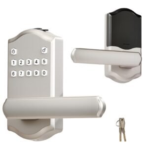 Keyless Entry Door Lock with Handle, Electronic Lever Door Handle with Keypad, Customizable User Codes, Keyed Entry, Auto Lock, Anti-Peeking Password, Backlit Keypad, for Home, Satin Nickel
