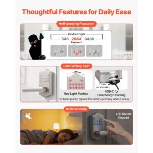 keyless entry door lock with handle, electronic lever door handle with keypad, customizable user codes, keyed entry, auto lock, anti peeking password, backlit keypad, for home, satin nickel