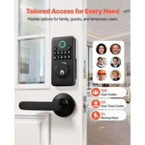 keyless entry door lock with handle set, electronic keypad deadbolt with lever handles, pioneering easy grip design, customizable user codes, keyed entry, auto lock, anti peeking, matte black