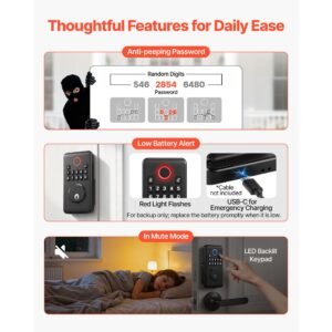 keyless entry door lock with handle set, electronic keypad deadbolt with lever handles, pioneering easy grip design, customizable user codes, keyed entry, auto lock, anti peeking, matte black