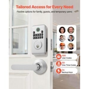 keyless entry door lock with handle set, electronic keypad deadbolt with lever handles, pioneering easy grip design, customizable user codes, keyed entry, auto lock, anti peeking, silver