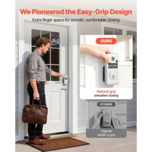 keyless entry door lock with handle set, electronic keypad deadbolt with lever handles, pioneering easy grip design, customizable user codes, keyed entry, auto lock, anti peeking, silver