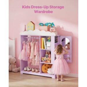 kids dress up storage, with jewelry cabinet, dress up closet with mirror and shelves, princess costumes wardrobe closet, toddler costume organizer armoire, for bedroom, kids room, girls, purple
