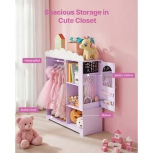 kids dress up storage, with jewelry cabinet, dress up closet with mirror and shelves, princess costumes wardrobe closet, toddler costume organizer armoire, for bedroom, kids room, girls, purple