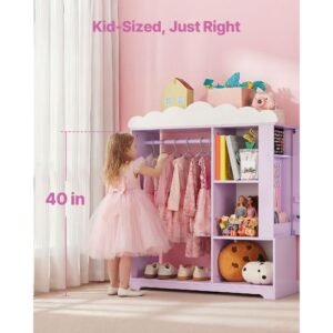 kids dress up storage, with jewelry cabinet, dress up closet with mirror and shelves, princess costumes wardrobe closet, toddler costume organizer armoire, for bedroom, kids room, girls, purple