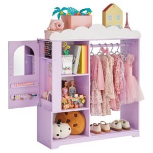 Kids Dress Up Storage, with Jewelry Cabinet, Dress Up Closet with Mirror and Shelves, Princess Costumes Wardrobe Closet, Toddler Costume Organizer Armoire, for Bedroom, Kids Room, Girls, Purple