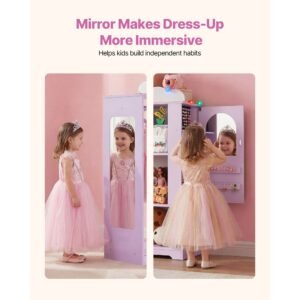 kids dress up storage, with jewelry cabinet, dress up closet with mirror and shelves, princess costumes wardrobe closet, toddler costume organizer armoire, for bedroom, kids room, girls, purple