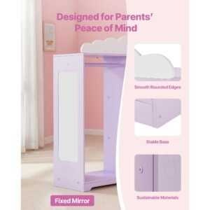 kids dress up storage, with jewelry cabinet, dress up closet with mirror and shelves, princess costumes wardrobe closet, toddler costume organizer armoire, for bedroom, kids room, girls, purple