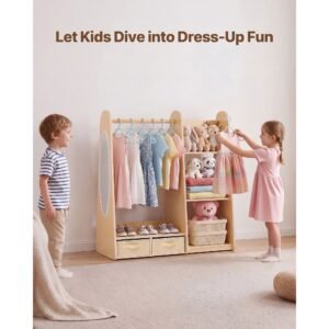 kids dress up storage, with mirror, dress up closet, toddler wardrobe closet for little girls, armoire with shelves & bottom tray, costume organizer, toddler room furniture, for bedroom, natural