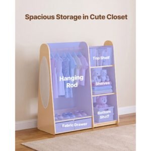 kids dress up storage, with mirror, dress up closet, toddler wardrobe closet for little girls, armoire with shelves & bottom tray, costume organizer, toddler room furniture, for bedroom, natural