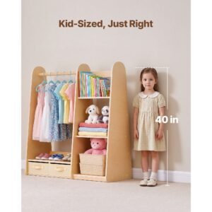 kids dress up storage, with mirror, dress up closet, toddler wardrobe closet for little girls, armoire with shelves & bottom tray, costume organizer, toddler room furniture, for bedroom, natural