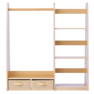 Kids Dress Up Storage, with Mirror, Dress Up Closet, Toddler Wardrobe Closet for Little Girls, Armoire with Shelves & Bottom Tray, Costume Organizer, Toddler Room Furniture, for Bedroom, Natural