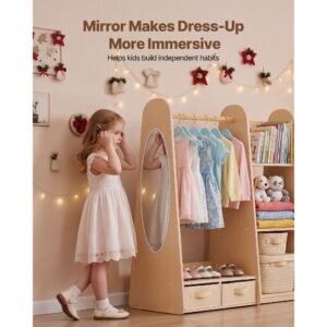 kids dress up storage, with mirror, dress up closet, toddler wardrobe closet for little girls, armoire with shelves & bottom tray, costume organizer, toddler room furniture, for bedroom, natural