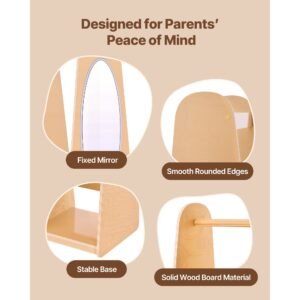 kids dress up storage, with mirror, dress up closet, toddler wardrobe closet for little girls, armoire with shelves & bottom tray, costume organizer, toddler room furniture, for bedroom, natural