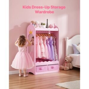 kids dress up storage, with mirror, toddler costume wardrobe with drawer, dress up wardrobe closet for little girls, pretend storage dresser, costume organizer, for bedroom, kids room, pink