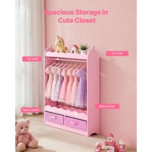 kids dress up storage, with mirror, toddler costume wardrobe with drawer, dress up wardrobe closet for little girls, pretend storage dresser, costume organizer, for bedroom, kids room, pink
