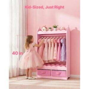 kids dress up storage, with mirror, toddler costume wardrobe with drawer, dress up wardrobe closet for little girls, pretend storage dresser, costume organizer, for bedroom, kids room, pink