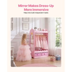 kids dress up storage, with mirror, toddler costume wardrobe with drawer, dress up wardrobe closet for little girls, pretend storage dresser, costume organizer, for bedroom, kids room, pink