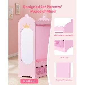 kids dress up storage, with mirror, toddler costume wardrobe with drawer, dress up wardrobe closet for little girls, pretend storage dresser, costume organizer, for bedroom, kids room, pink