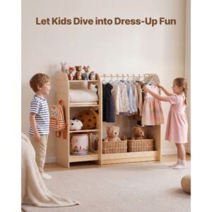 kids dress up storage, with mirror, wooden kids dress up rack, toddler wardrobe closet for little girls, storage armoire, costume organizer, children playroom furniture, for bedroom, natural