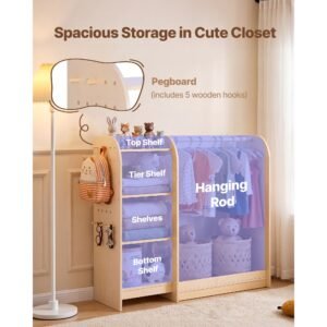 kids dress up storage, with mirror, wooden kids dress up rack, toddler wardrobe closet for little girls, storage armoire, costume organizer, children playroom furniture, for bedroom, natural