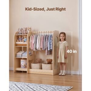 kids dress up storage, with mirror, wooden kids dress up rack, toddler wardrobe closet for little girls, storage armoire, costume organizer, children playroom furniture, for bedroom, natural