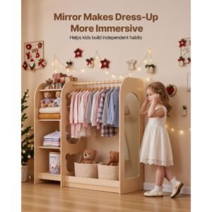 kids dress up storage, with mirror, wooden kids dress up rack, toddler wardrobe closet for little girls, storage armoire, costume organizer, children playroom furniture, for bedroom, natural