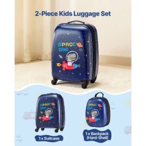 kids luggage set, 2 piece, 18 inch hardside rolling wheels suitcase with hard shell backpack, dinosaur kids carry on luggage set, holiday birthday gift for girls & boys, airline approved
