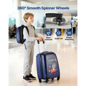 kids luggage set, 2 piece, 18 inch hardside rolling wheels suitcase with hard shell backpack, dinosaur kids carry on luggage set, holiday birthday gift for girls & boys, airline approved