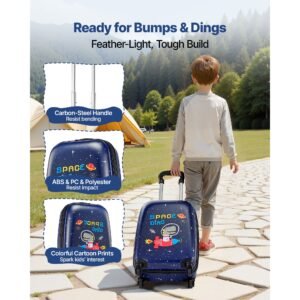 kids luggage set, 2 piece, 18 inch hardside rolling wheels suitcase with hard shell backpack, dinosaur kids carry on luggage set, holiday birthday gift for girls & boys, airline approved