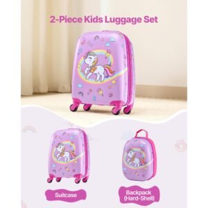 kids luggage set, 2 piece, 18 inch hardside rolling wheels suitcase with hard shell backpack, unicorn kids carry on luggage set, holiday birthday gift for girls & boys, airline approved