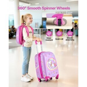 kids luggage set, 2 piece, 18 inch hardside rolling wheels suitcase with hard shell backpack, unicorn kids carry on luggage set, holiday birthday gift for girls & boys, airline approved