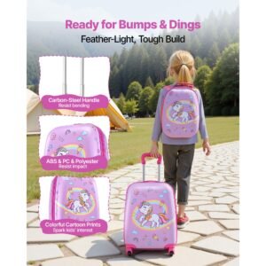 kids luggage set, 2 piece, 18 inch hardside rolling wheels suitcase with hard shell backpack, unicorn kids carry on luggage set, holiday birthday gift for girls & boys, airline approved