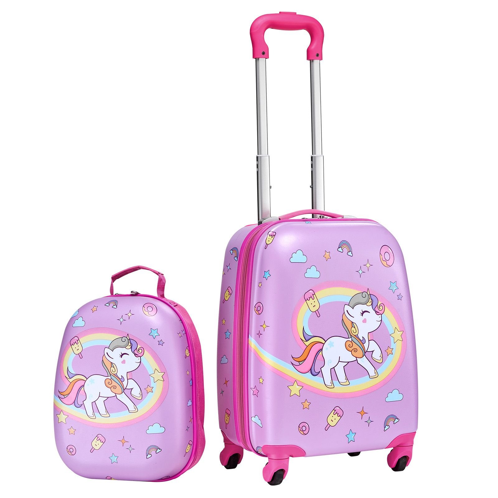 kids luggage set, 2 piece, 18 inch hardside rolling wheels suitcase with hard shell backpack, unicorn kids carry on luggage set, holiday birthday gift for girls & boys, airline approved