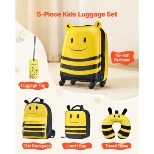 kids luggage set, 5 piece, 18 inch hardside rolling wheels suitcase with backpack & u shape pillow, bee kids carry on luggage set, holiday birthday gift for girls boys, airline approved