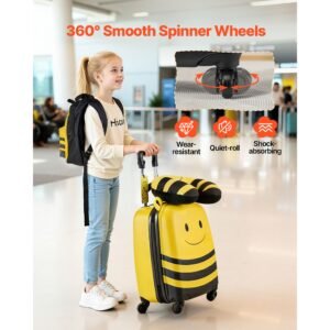 kids luggage set, 5 piece, 18 inch hardside rolling wheels suitcase with backpack & u shape pillow, bee kids carry on luggage set, holiday birthday gift for girls boys, airline approved