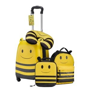Kids Luggage Set, 5 Piece, 18 Inch Hardside Rolling Wheels Suitcase with Backpack & U-shape Pillow, Bee Kids Carry on Luggage Set, Holiday Birthday Gift for Girls Boys, Airline Approved