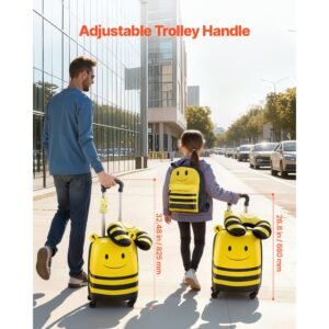 kids luggage set, 5 piece, 18 inch hardside rolling wheels suitcase with backpack & u shape pillow, bee kids carry on luggage set, holiday birthday gift for girls boys, airline approved