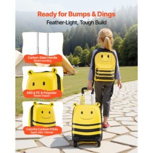 kids luggage set, 5 piece, 18 inch hardside rolling wheels suitcase with backpack & u shape pillow, bee kids carry on luggage set, holiday birthday gift for girls boys, airline approved