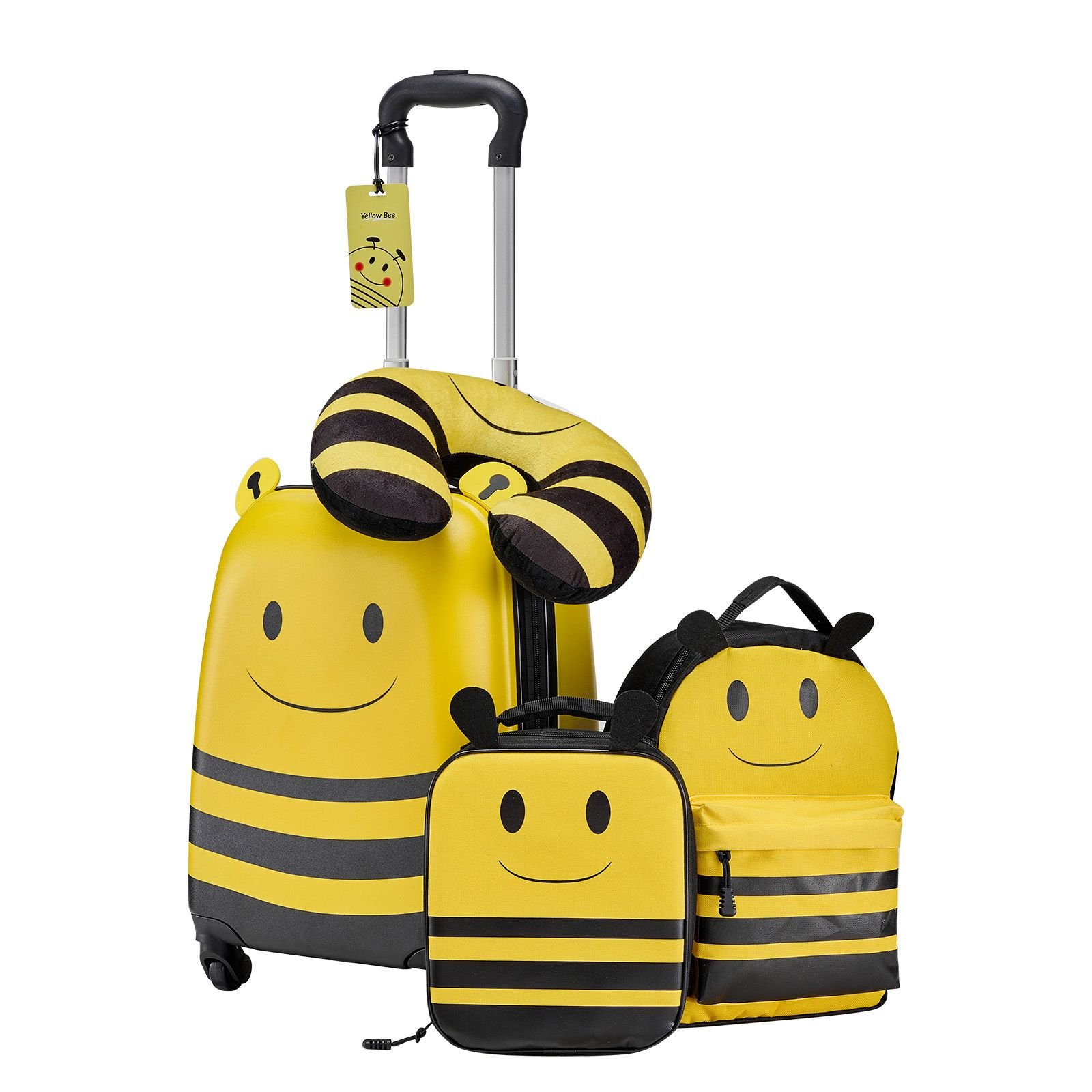 kids luggage set, 5 piece, 18 inch hardside rolling wheels suitcase with backpack & u shape pillow, bee kids carry on luggage set, holiday birthday gift for girls boys, airline approved