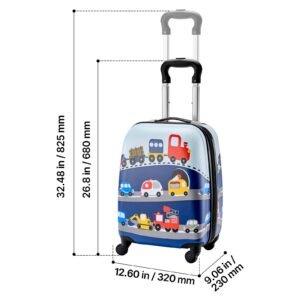 kids luggage set, 5 piece, 18 inch hardside rolling wheels suitcase with backpack & u shape pillow, truck kids carry on luggage set, holiday birthday gift for girls boys, airline approved