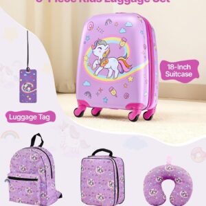 kids luggage set, 5 piece, 18 inch hardside rolling wheels suitcase with backpack & u shape pillow, unicorn kids carry on luggage set, holiday birthday gift for girls boys, airline approved