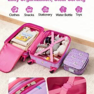 kids luggage set, 5 piece, 18 inch hardside rolling wheels suitcase with backpack & u shape pillow, unicorn kids carry on luggage set, holiday birthday gift for girls boys, airline approved
