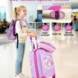 kids luggage set, 5 piece, 18 inch hardside rolling wheels suitcase with backpack & u shape pillow, unicorn kids carry on luggage set, holiday birthday gift for girls boys, airline approved