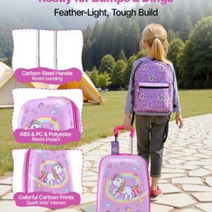kids luggage set, 5 piece, 18 inch hardside rolling wheels suitcase with backpack & u shape pillow, unicorn kids carry on luggage set, holiday birthday gift for girls boys, airline approved