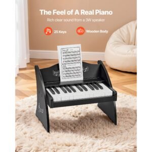 kids piano keyboard, 25 keys wooden digital piano for kids, mini music educational instrument toy with realistic sound, dual power, adjustable volume for toddlers, boys girls learning, black