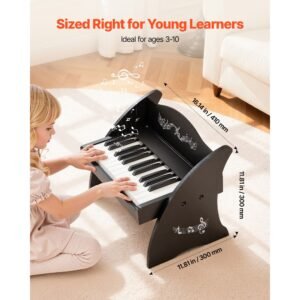 kids piano keyboard, 25 keys wooden digital piano for kids, mini music educational instrument toy with realistic sound, dual power, adjustable volume for toddlers, boys girls learning, black