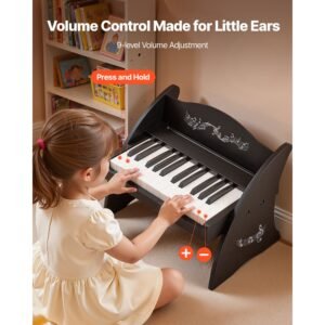 kids piano keyboard, 25 keys wooden digital piano for kids, mini music educational instrument toy with realistic sound, dual power, adjustable volume for toddlers, boys girls learning, black