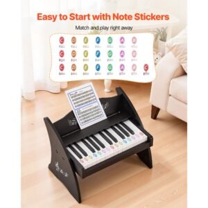 kids piano keyboard, 25 keys wooden digital piano for kids, mini music educational instrument toy with realistic sound, dual power, adjustable volume for toddlers, boys girls learning, black